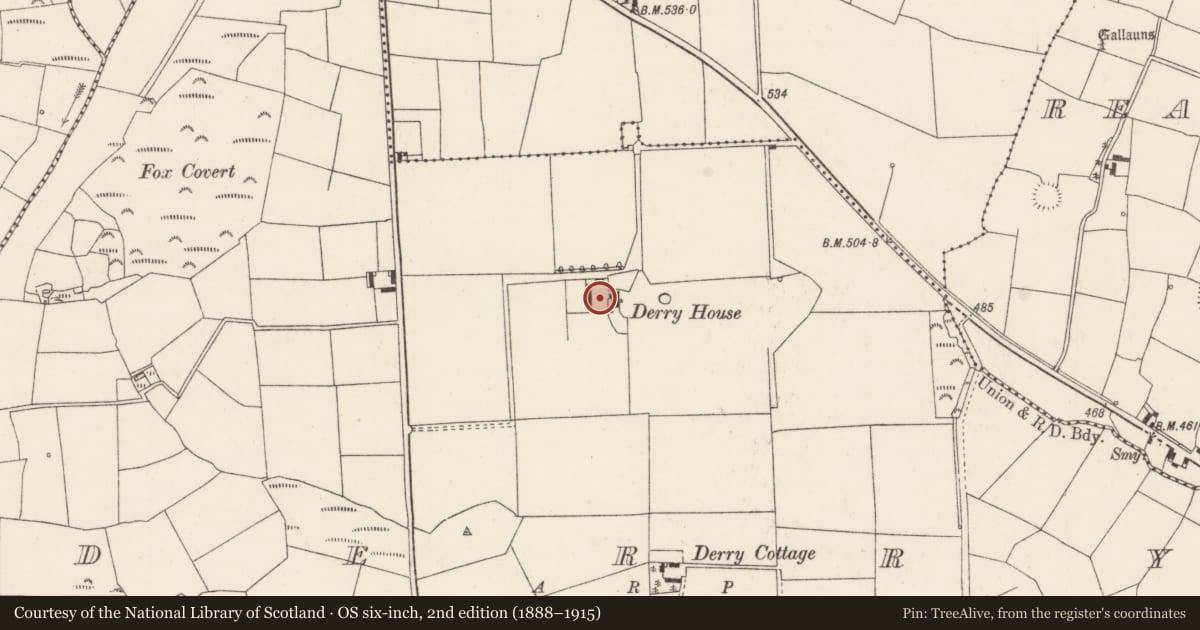 Ordnance Survey six-inch map, 2nd edition (1888–1915) covering the location of Country house, Derry, County Cork, with a pin at the register's coordinates
