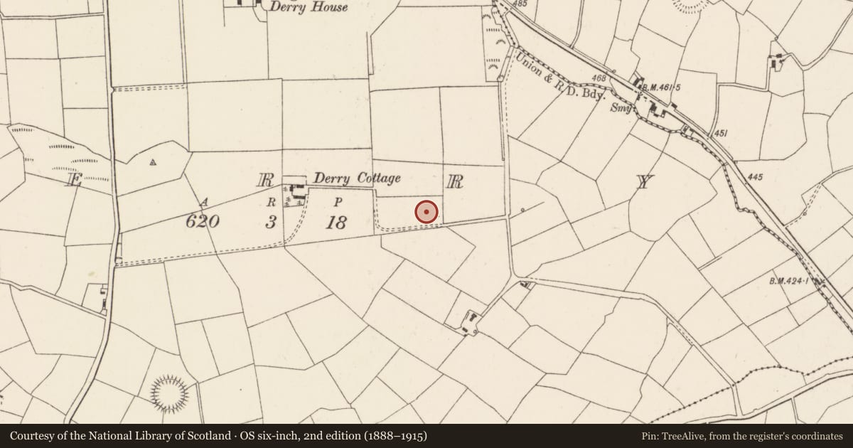 Ordnance Survey six-inch map, 2nd edition (1888–1915) covering the location of Fulacht fia, Derry, County Cork, with a pin at the register's coordinates