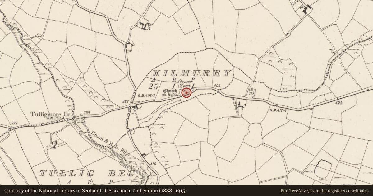 Ordnance Survey six-inch map, 2nd edition (1888–1915) covering the location of Graveyard, Kilmurry, County Cork, with a pin at the register's coordinates