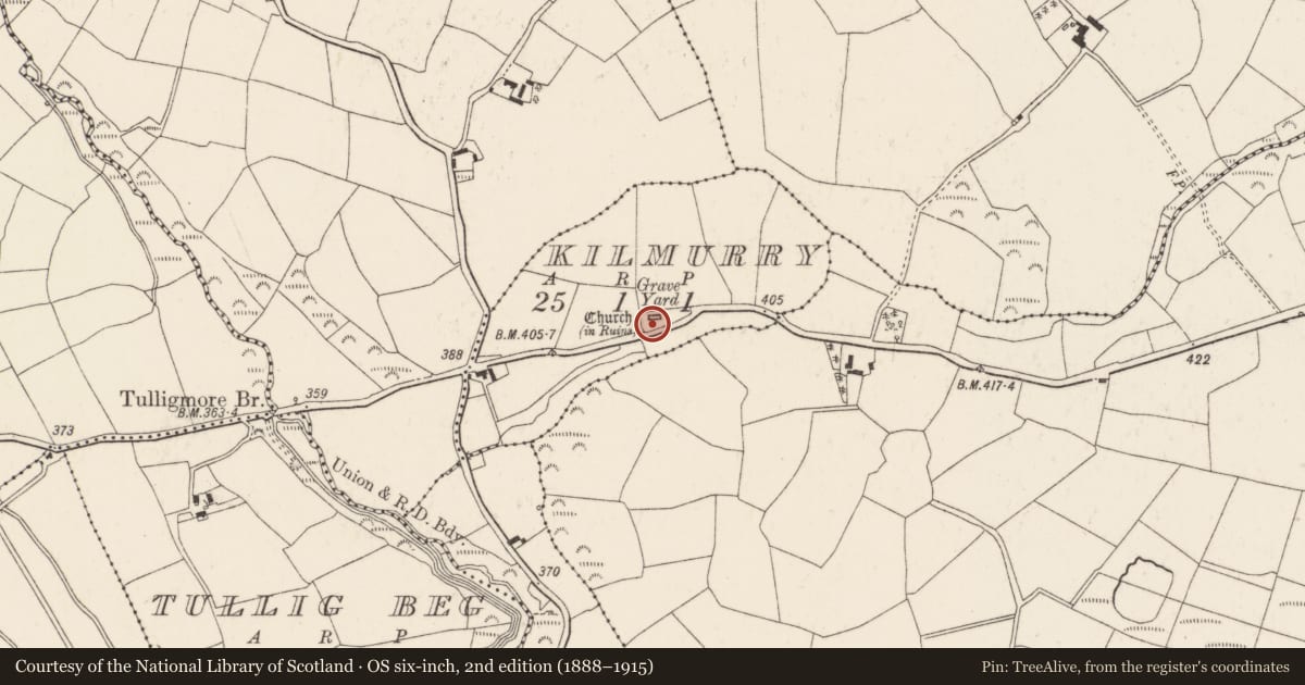 Ordnance Survey six-inch map, 2nd edition (1888–1915) covering the location of Church, Kilmurry, County Cork, with a pin at the register's coordinates