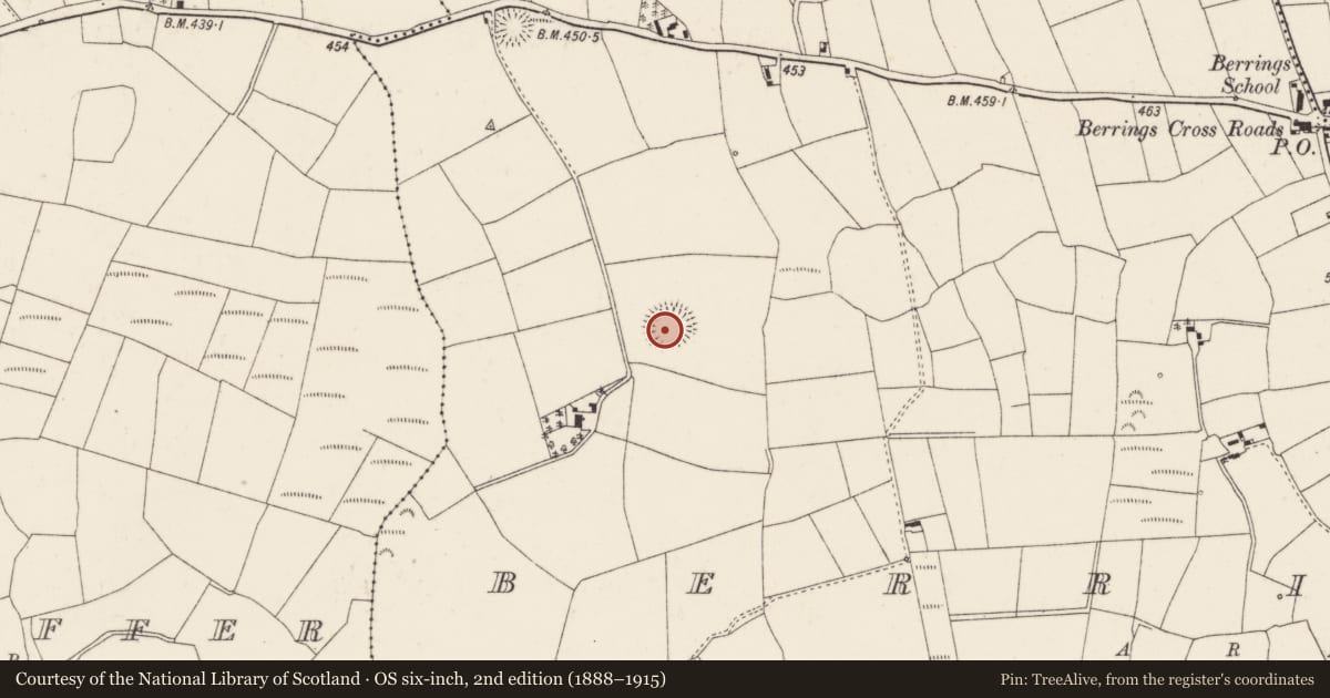 Ordnance Survey six-inch map, 2nd edition (1888–1915) covering the location of Ringfort - rath, Berrings, County Cork, with a pin at the register's coordinates