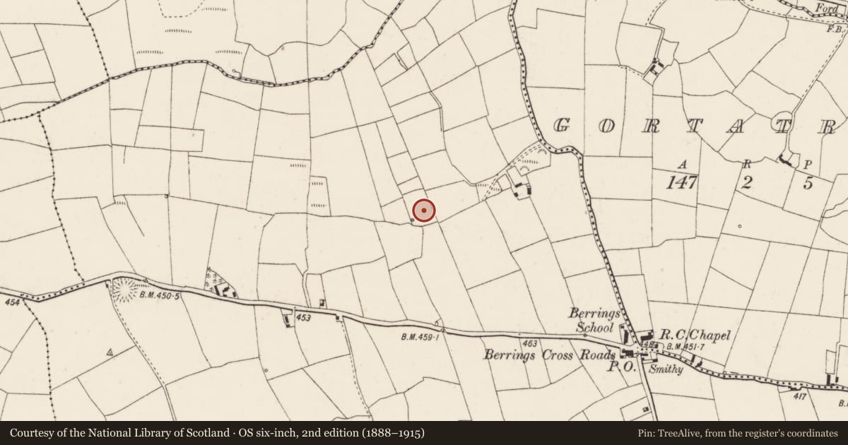 Ordnance Survey six-inch map, 2nd edition (1888–1915) covering the location of Fulacht fia, Berrings, County Cork, with a pin at the register's coordinates