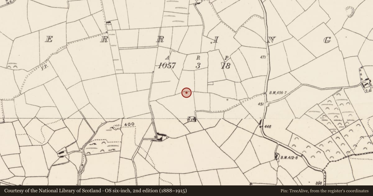 Ordnance Survey six-inch map, 2nd edition (1888–1915) covering the location of Fulacht fia, Berrings, County Cork, with a pin at the register's coordinates