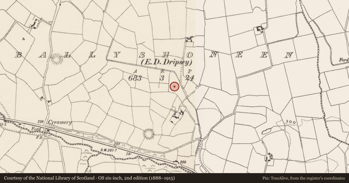 Ordnance Survey six-inch map, 2nd edition (1888–1915) covering the location of Fulacht fia, Ballyshoneen (Muskerry East By., Inishcarra Par.), County Cork, with a pin at the register's coordinates