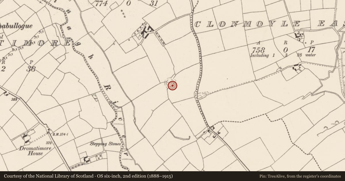Ordnance Survey six-inch map, 2nd edition (1888–1915) covering the location of Souterrain, Clonmoyle West, County Cork, with a pin at the register's coordinates