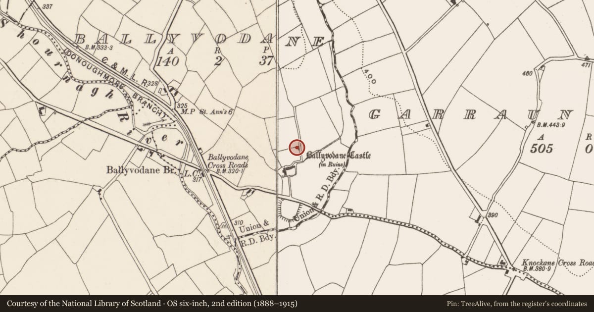 Ordnance Survey six-inch map, 2nd edition (1888–1915) covering the location of Castle - unclassified, Ballyvodane, County Cork, with a pin at the register's coordinates