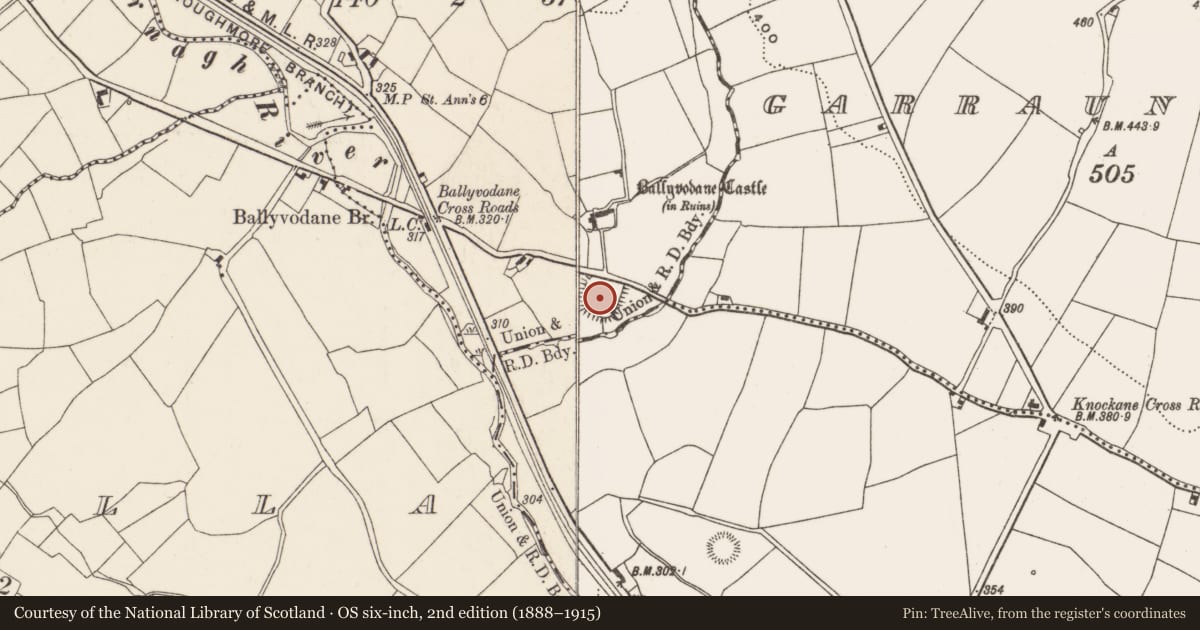 Ordnance Survey six-inch map, 2nd edition (1888–1915) covering the location of Moated site, Ballyvodane, County Cork, with a pin at the register's coordinates