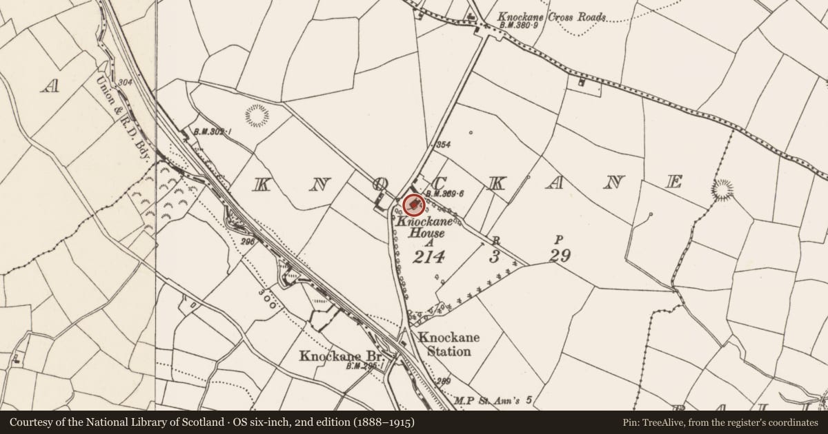 Ordnance Survey six-inch map, 2nd edition (1888–1915) covering the location of Country house, Knockane, County Cork, with a pin at the register's coordinates