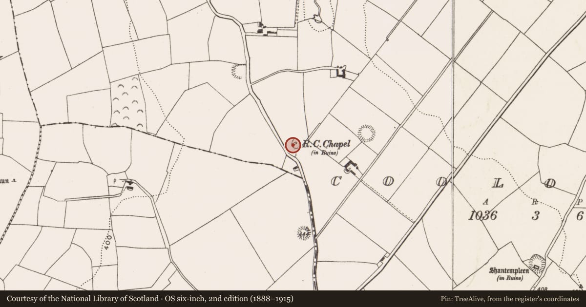Ordnance Survey six-inch map, 2nd edition (1888–1915) covering the location of Church, Coolowen, County Cork, with a pin at the register's coordinates