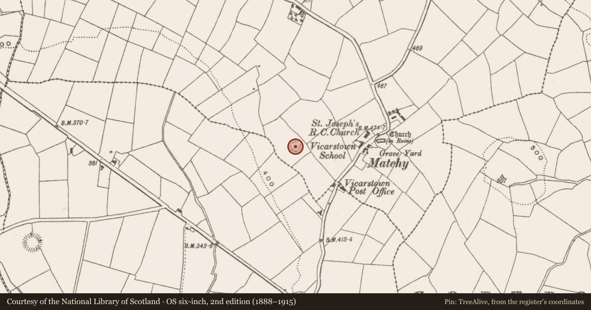 Ordnance Survey six-inch map, 2nd edition (1888–1915) covering the location of Ringfort - rath, Gilcagh, County Cork, with a pin at the register's coordinates