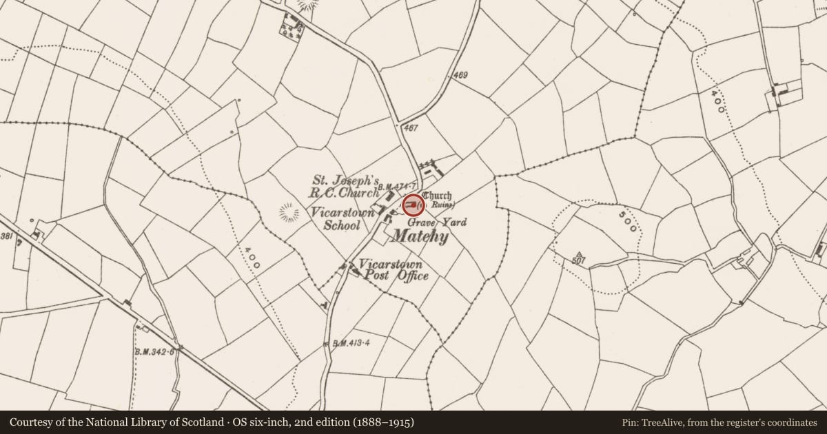 Ordnance Survey six-inch map, 2nd edition (1888–1915) covering the location of Graveyard, Gilcagh, County Cork, with a pin at the register's coordinates