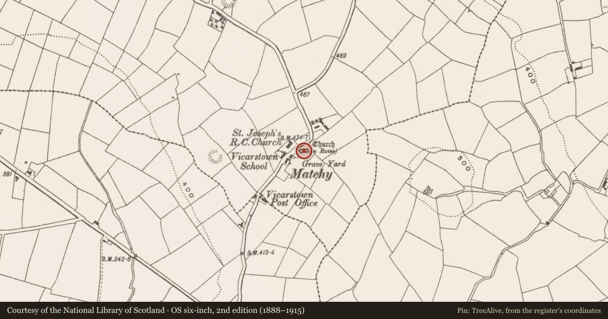Ordnance Survey six-inch map, 2nd edition (1888–1915) covering the location of Church, Gilcagh, County Cork, with a pin at the register's coordinates