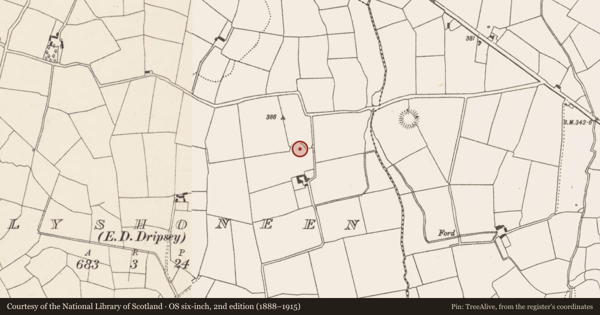 Ordnance Survey six-inch map, 2nd edition (1888–1915) covering the location of Ringfort - rath, Ballyshoneen (Muskerry East By., Inishcarra Par.), County Cork, with a pin at the register's coordinates