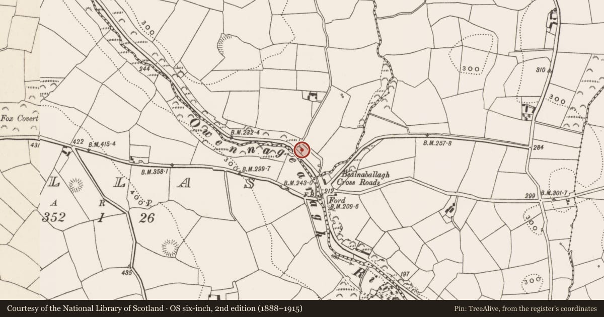 Ordnance Survey six-inch map, 2nd edition (1888–1915) covering the location of Mass-rock, Ballyshoneen (Muskerry East By., Inishcarra Par.), County Cork, with a pin at the register's coordinates