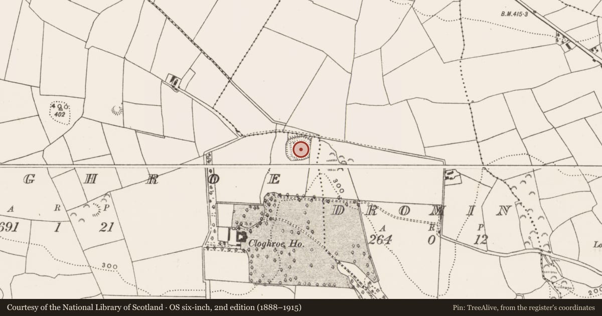 Ordnance Survey six-inch map, 2nd edition (1888–1915) covering the location of Moated site, Cloghroe, County Cork, with a pin at the register's coordinates