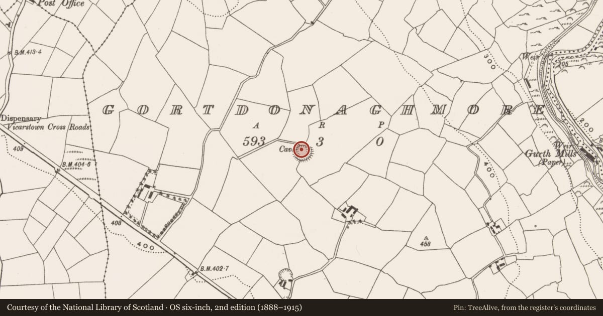 Ordnance Survey six-inch map, 2nd edition (1888–1915) covering the location of Souterrain, Gortdonaghmore, County Cork, with a pin at the register's coordinates