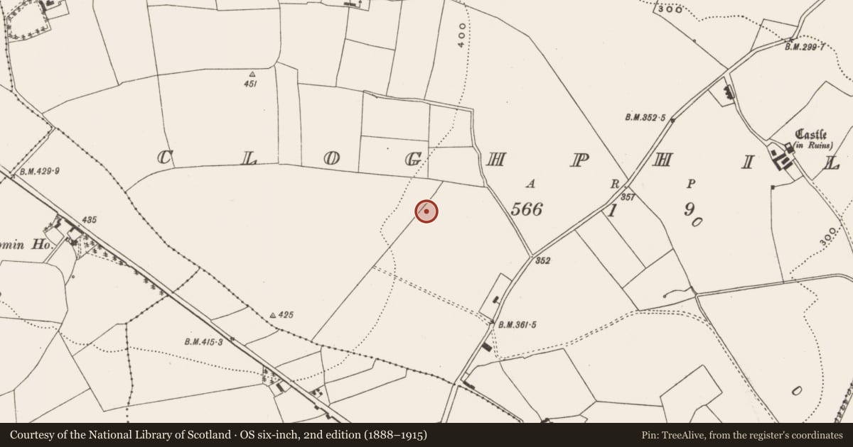 Ordnance Survey six-inch map, 2nd edition (1888–1915) covering the location of Moated site, Cloghphilip, County Cork, with a pin at the register's coordinates