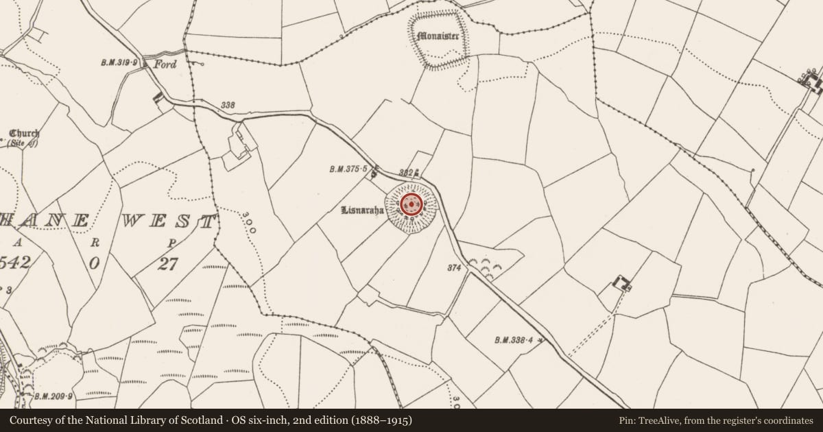 Ordnance Survey six-inch map, 2nd edition (1888–1915) covering the location of Souterrain, Loughane East, County Cork, with a pin at the register's coordinates