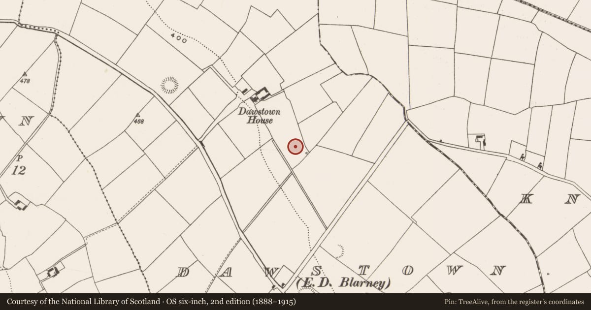 Ordnance Survey six-inch map, 2nd edition (1888–1915) covering the location of Fulacht fia, Dawstown (Muskerry East By., Garrycloyne Par.), County Cork, with a pin at the register's coordinates