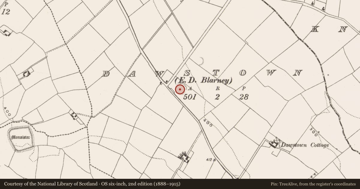 Ordnance Survey six-inch map, 2nd edition (1888–1915) covering the location of Ringfort - rath, Dawstown (Muskerry East By., Garrycloyne Par.), County Cork, with a pin at the register's coordinates