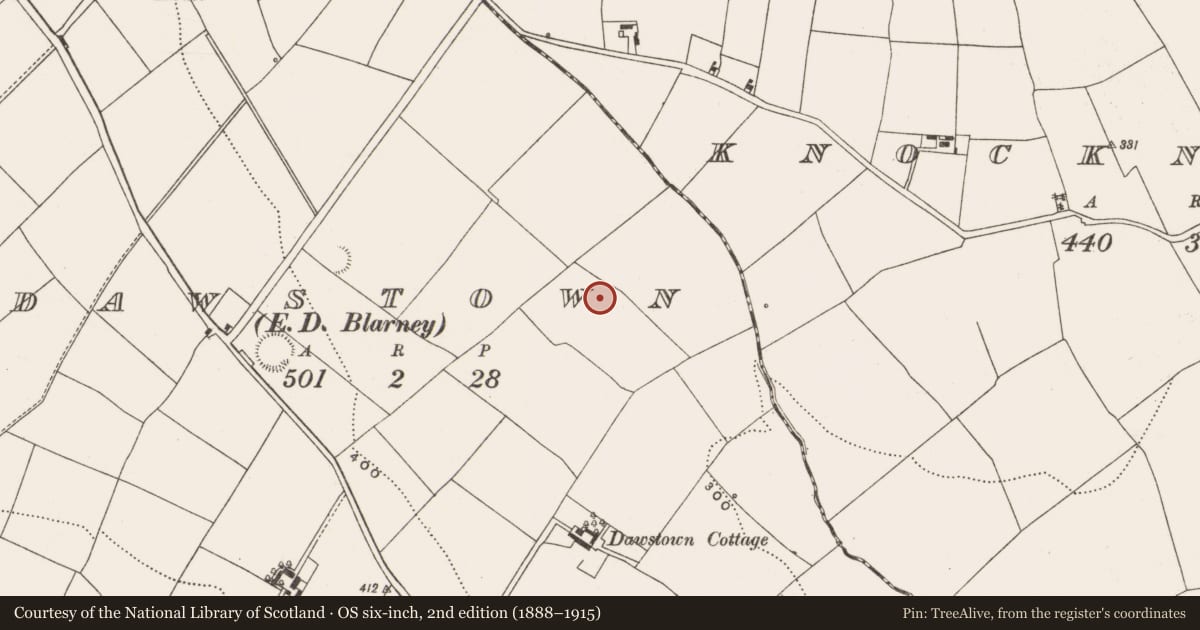 Ordnance Survey six-inch map, 2nd edition (1888–1915) covering the location of Fulacht fia, Dawstown (Muskerry East By., Garrycloyne Par.), County Cork, with a pin at the register's coordinates