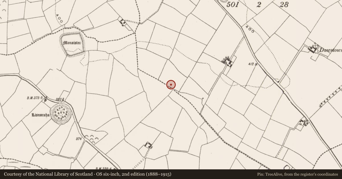 Ordnance Survey six-inch map, 2nd edition (1888–1915) covering the location of Fulacht fia, Dawstown (Muskerry East By., Garrycloyne Par.), County Cork, with a pin at the register's coordinates