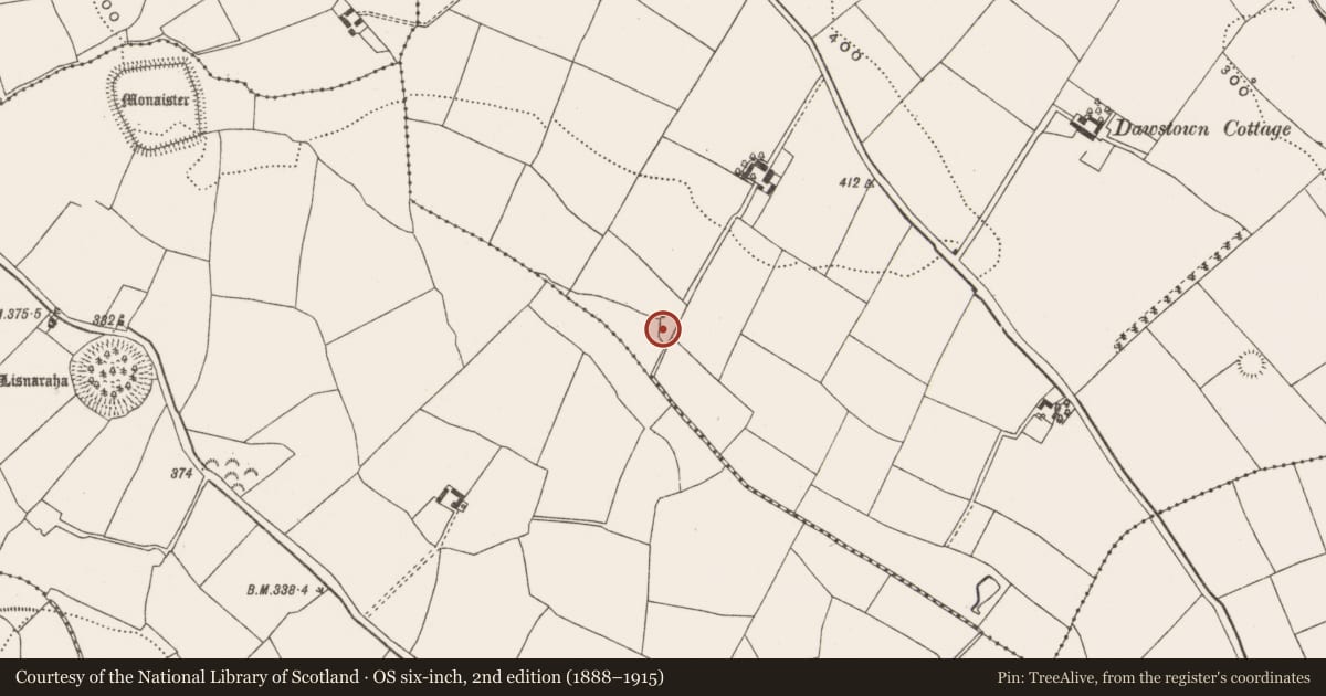Ordnance Survey six-inch map, 2nd edition (1888–1915) covering the location of Fulacht fia, Dawstown (Muskerry East By., Garrycloyne Par.), County Cork, with a pin at the register's coordinates