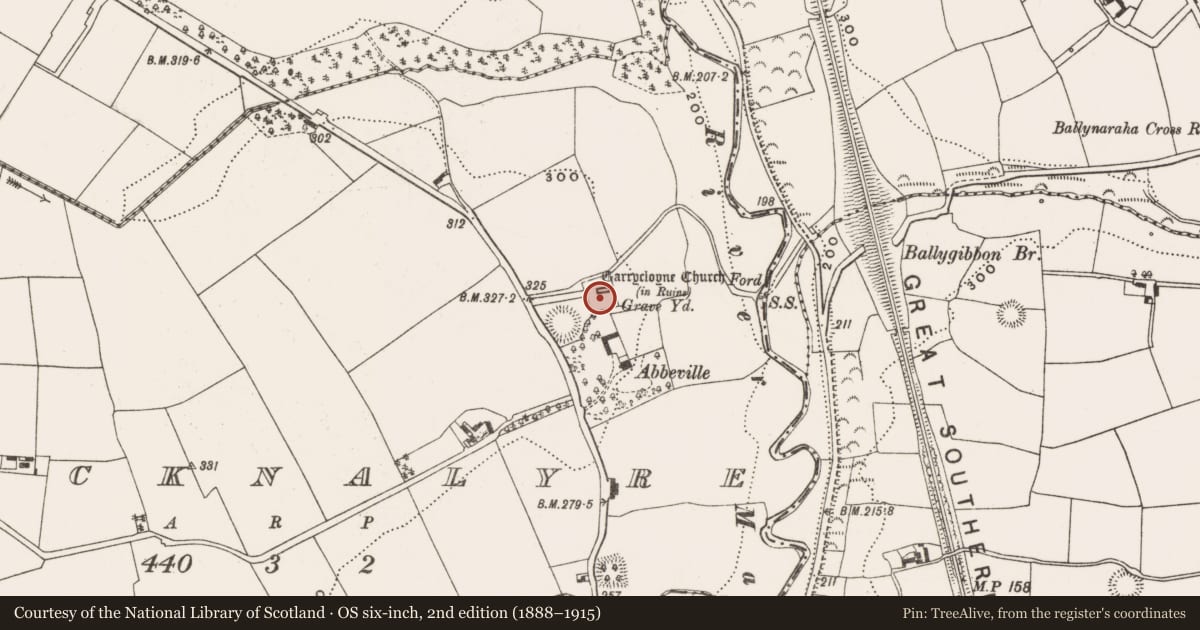 Ordnance Survey six-inch map, 2nd edition (1888–1915) covering the location of Graveyard, Knocknalyre, County Cork, with a pin at the register's coordinates