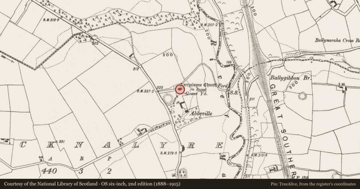 Ordnance Survey six-inch map, 2nd edition (1888–1915) covering the location of Church, Knocknalyre, County Cork, with a pin at the register's coordinates