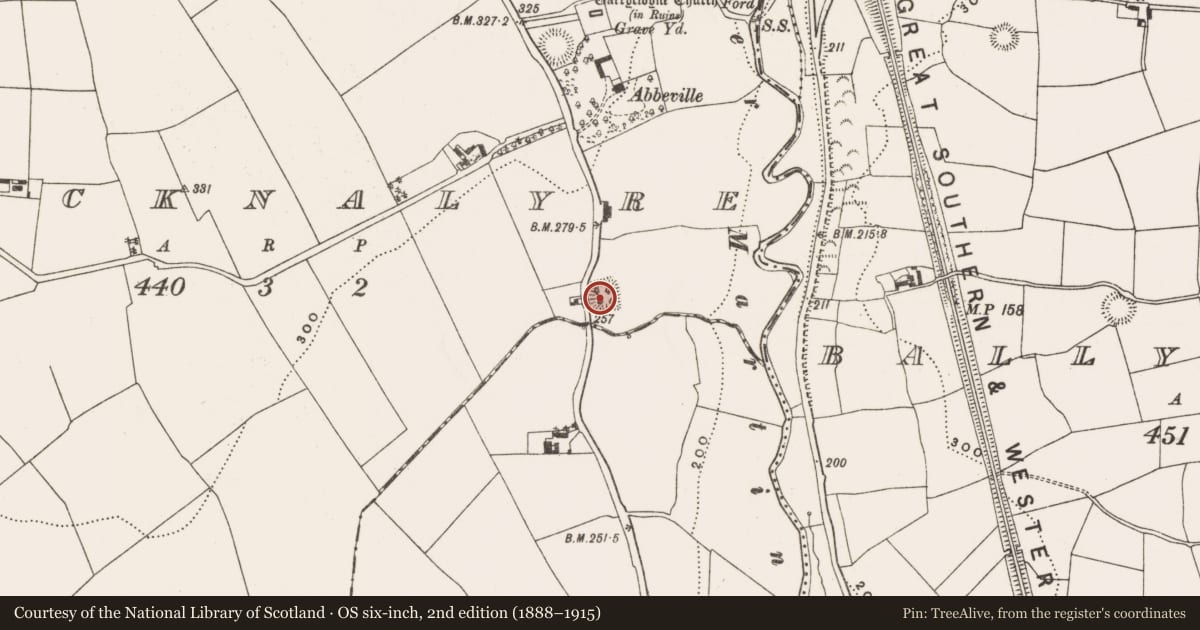 Ordnance Survey six-inch map, 2nd edition (1888–1915) covering the location of Moated site, Knocknalyre, County Cork, with a pin at the register's coordinates