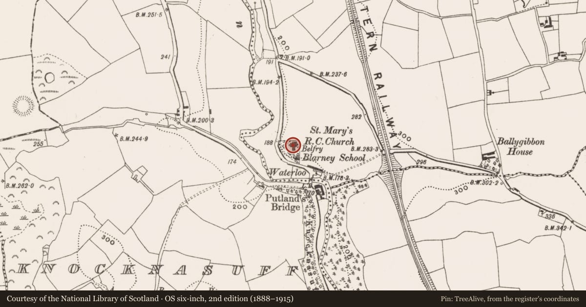 Ordnance Survey six-inch map, 2nd edition (1888–1915) covering the location of Church, Ballygibbon, County Cork, with a pin at the register's coordinates
