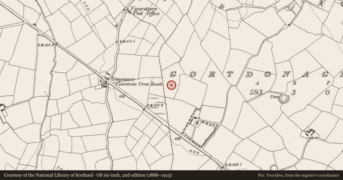 Ordnance Survey six-inch map, 2nd edition (1888–1915) covering the location of Fulacht fia, Gortdonaghmore, County Cork, with a pin at the register's coordinates