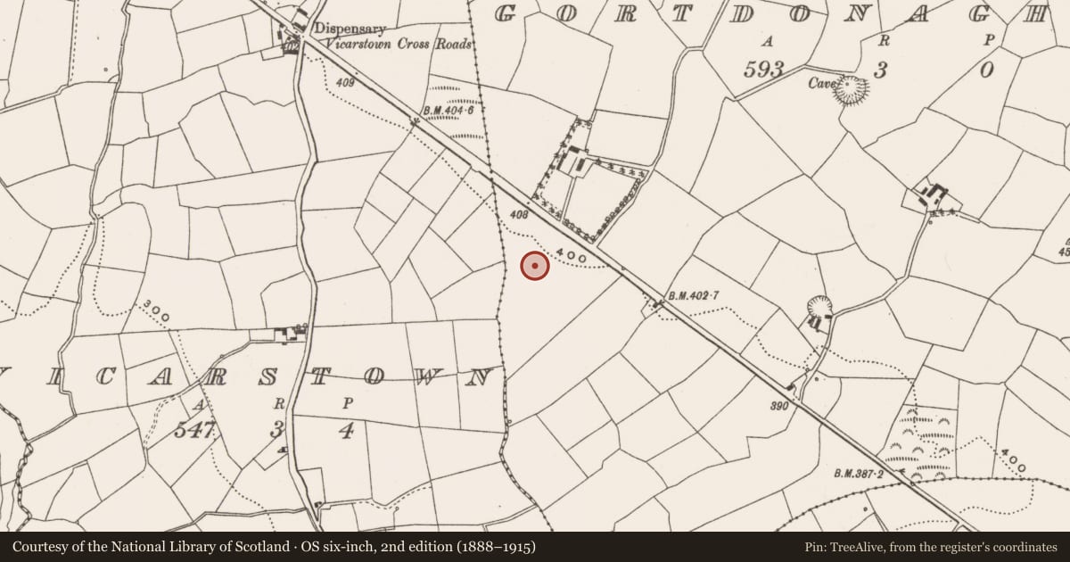 Ordnance Survey six-inch map, 2nd edition (1888–1915) covering the location of Fulacht fia, Gortdonaghmore, County Cork, with a pin at the register's coordinates