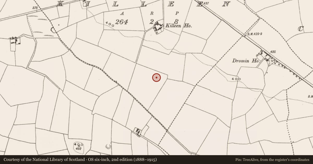 Ordnance Survey six-inch map, 2nd edition (1888–1915) covering the location of Fulacht fia, Killeen, County Cork, with a pin at the register's coordinates
