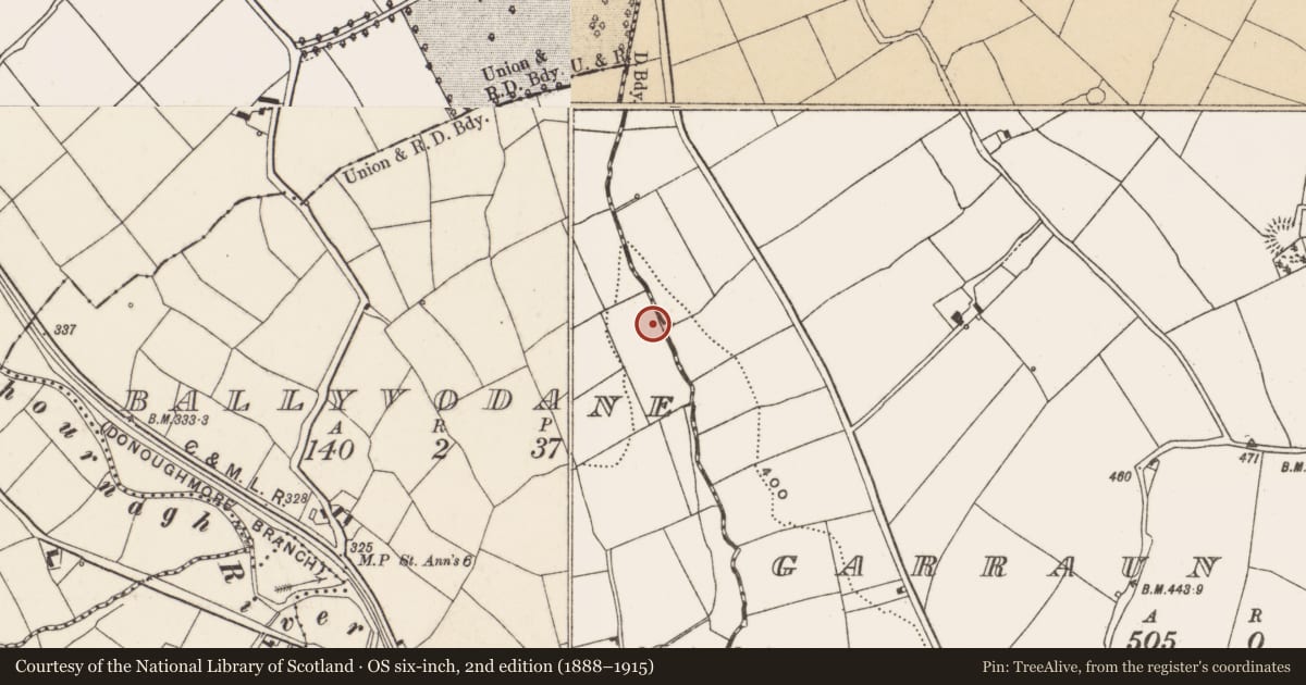 Ordnance Survey six-inch map, 2nd edition (1888–1915) covering the location of Fulacht fia, Ballyvodane, County Cork, with a pin at the register's coordinates