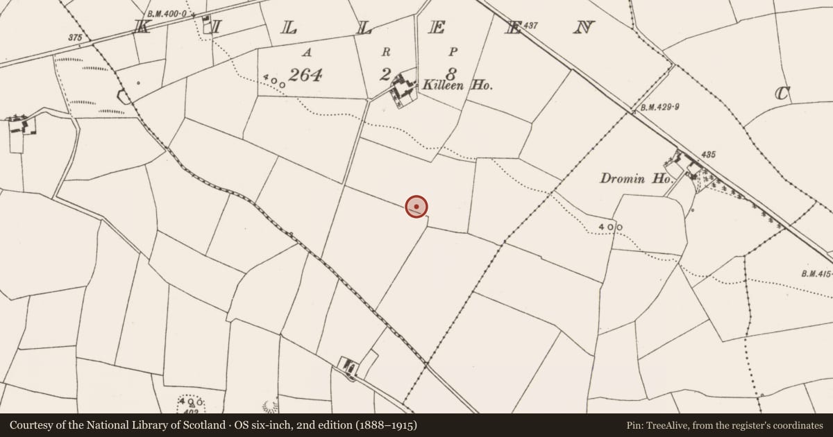 Ordnance Survey six-inch map, 2nd edition (1888–1915) covering the location of Fulacht fia, Killeen, County Cork, with a pin at the register's coordinates