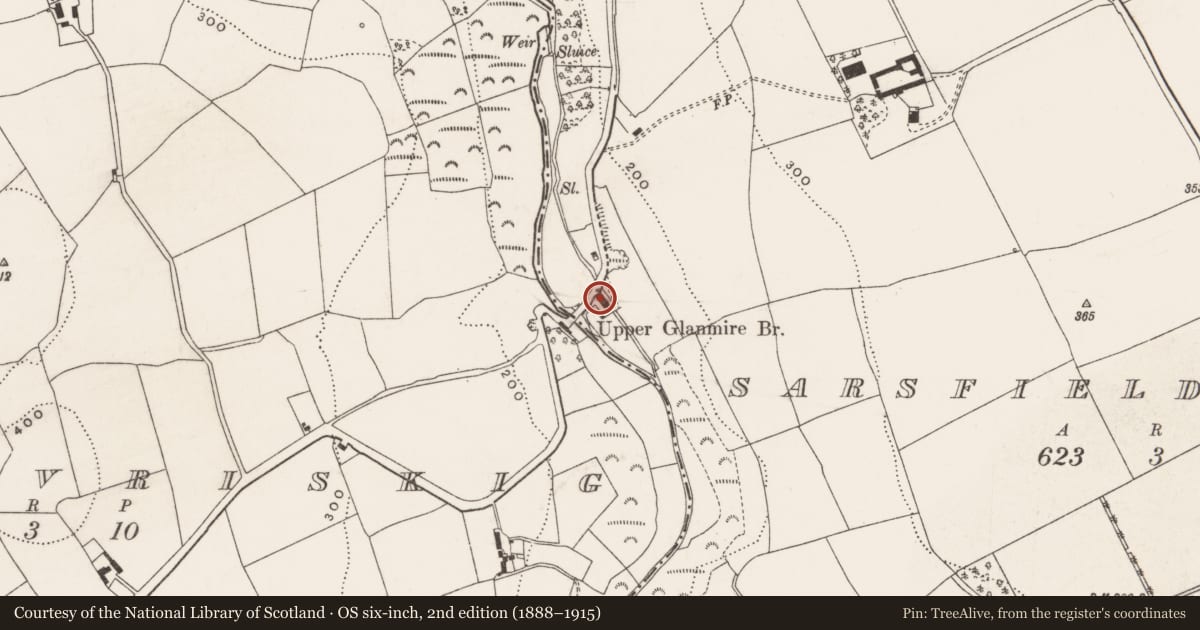 Ordnance Survey six-inch map, 2nd edition (1888–1915) covering the location of Mill - spade mill, Sarsfieldscourt, County Cork, with a pin at the register's coordinates