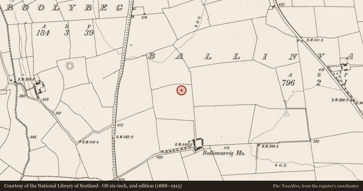 Ordnance Survey six-inch map, 2nd edition (1888–1915) covering the location of Ringfort - rath, Ballinvarrig, County Cork, with a pin at the register's coordinates