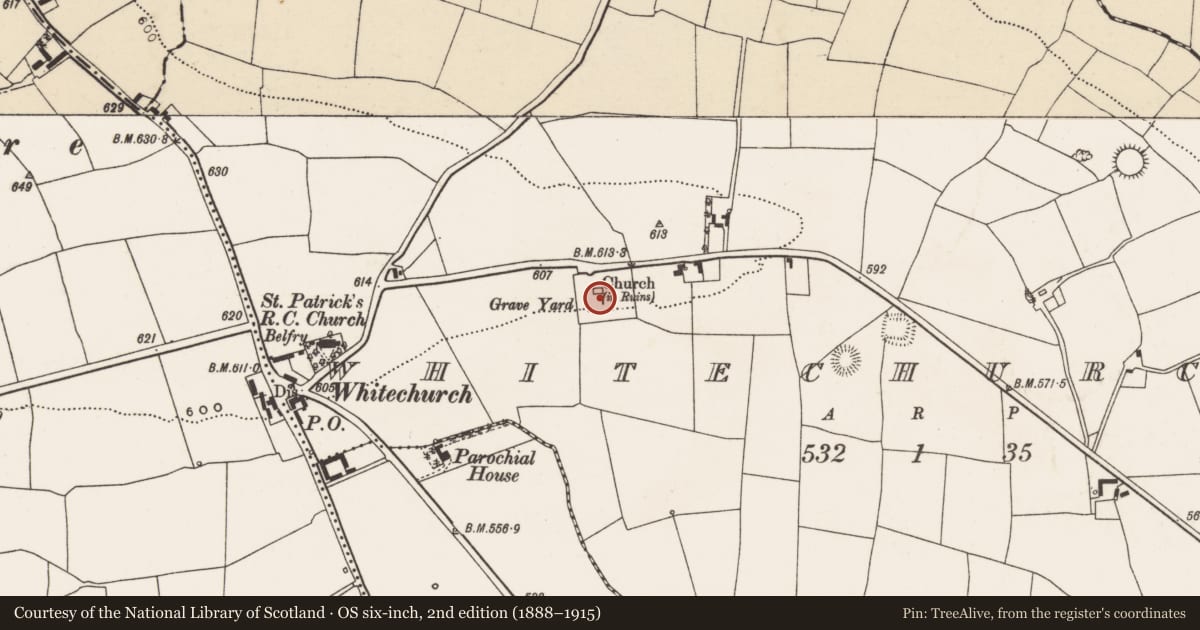 Ordnance Survey six-inch map, 2nd edition (1888–1915) covering the location of Graveyard, Whitechurch, County Cork, with a pin at the register's coordinates