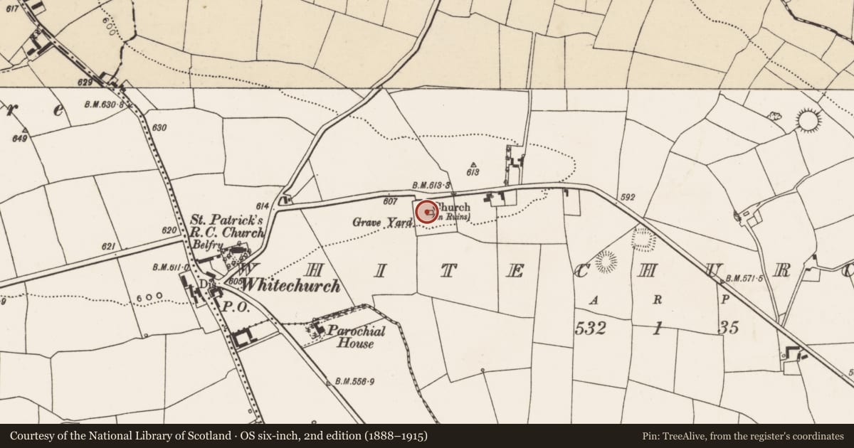 Ordnance Survey six-inch map, 2nd edition (1888–1915) covering the location of Church, Whitechurch, County Cork, with a pin at the register's coordinates