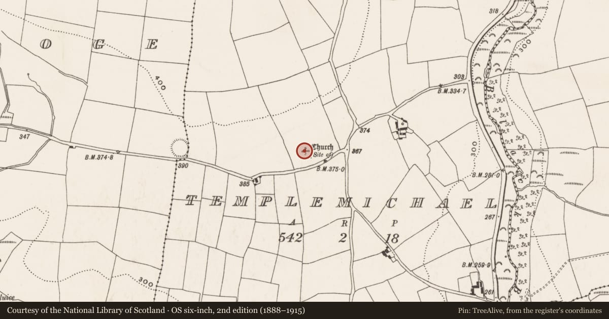 Ordnance Survey six-inch map, 2nd edition (1888–1915) covering the location of Enclosure, Templemichael, County Cork, with a pin at the register's coordinates