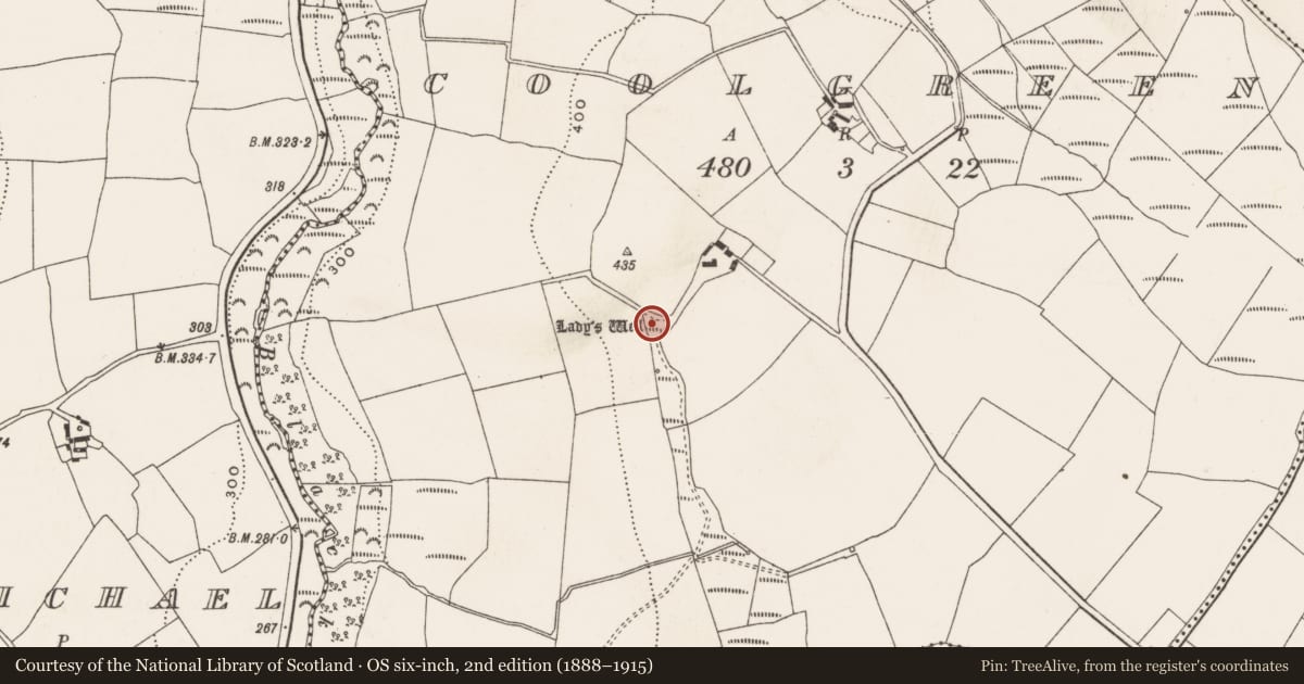 Ordnance Survey six-inch map, 2nd edition (1888–1915) covering the location of Ritual site - holy well, Coolgreen, County Cork, with a pin at the register's coordinates