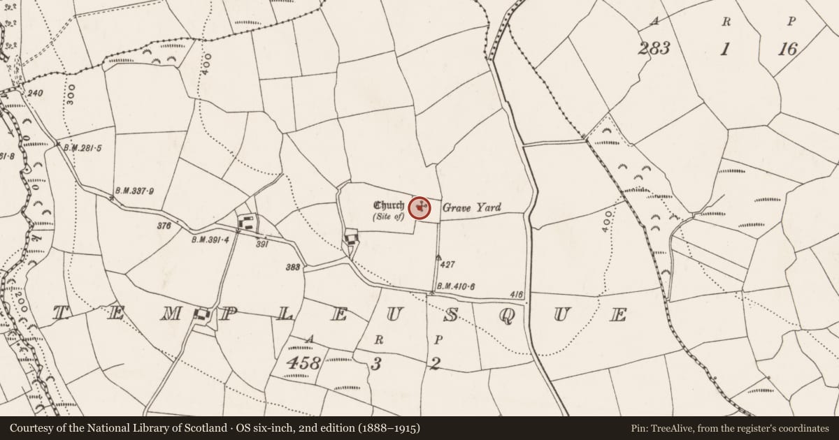 Ordnance Survey six-inch map, 2nd edition (1888–1915) covering the location of Church, Templeusque, County Cork, with a pin at the register's coordinates