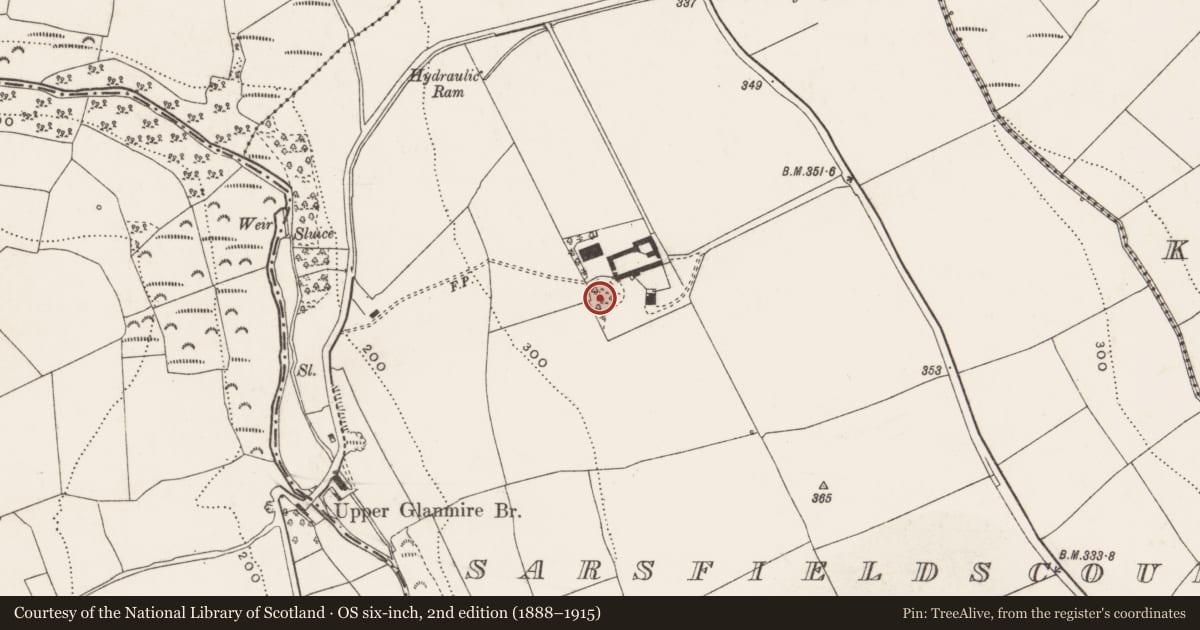 Ordnance Survey six-inch map, 2nd edition (1888–1915) covering the location of Ringfort - rath, Sarsfieldscourt, County Cork, with a pin at the register's coordinates