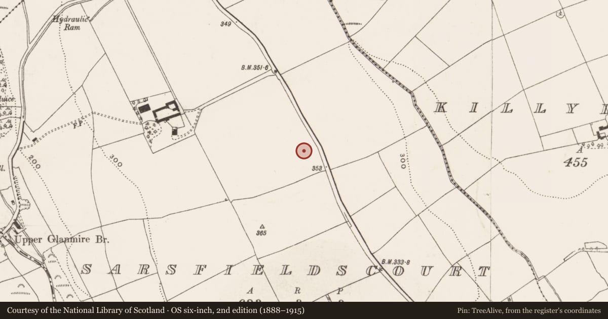 Ordnance Survey six-inch map, 2nd edition (1888–1915) covering the location of Ringfort - rath, Sarsfieldscourt, County Cork, with a pin at the register's coordinates