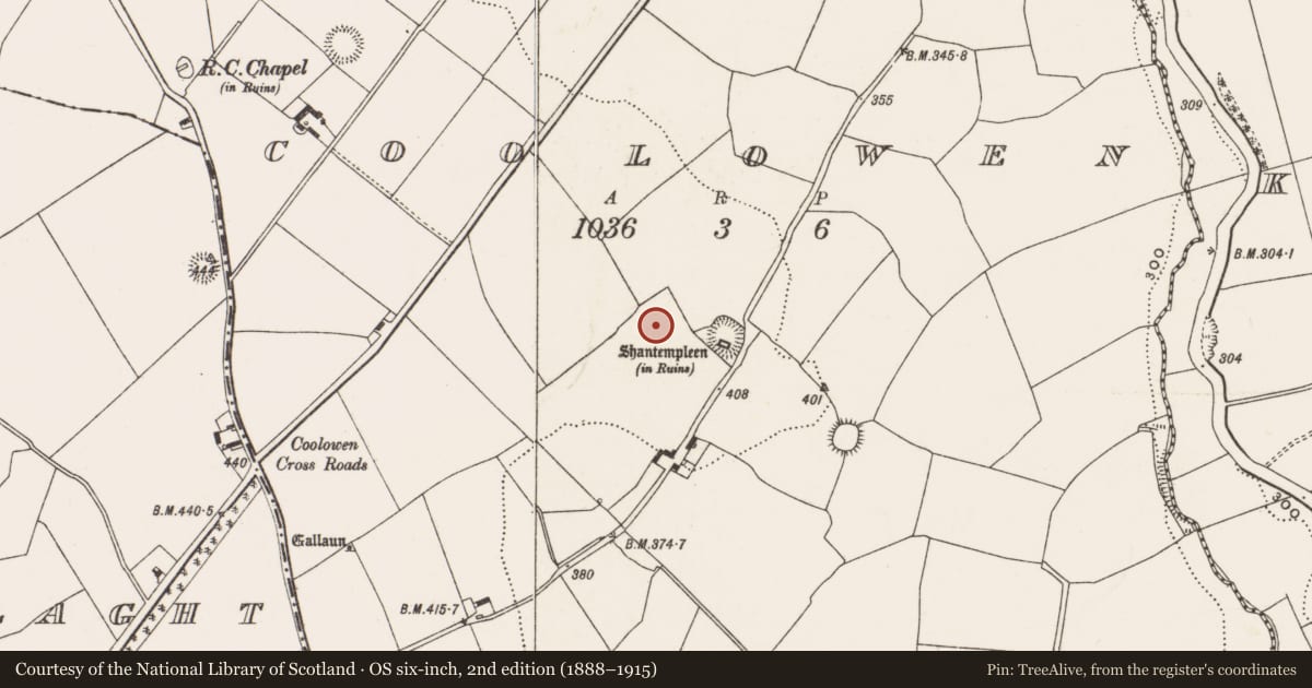 Ordnance Survey six-inch map, 2nd edition (1888–1915) covering the location of Enclosure, Coolowen, County Cork, with a pin at the register's coordinates