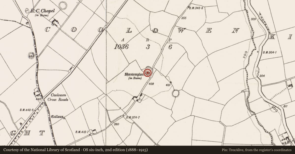 Ordnance Survey six-inch map, 2nd edition (1888–1915) covering the location of Church, Coolowen, County Cork, with a pin at the register's coordinates