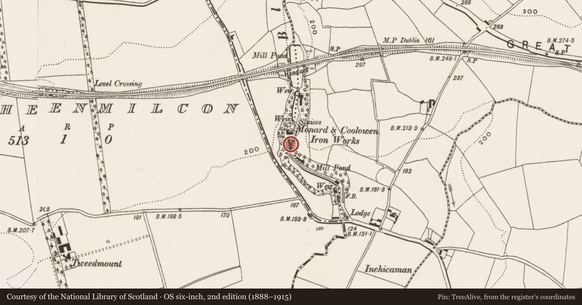 Ordnance Survey six-inch map, 2nd edition (1888–1915) covering the location of Mill - spade mill, Monard, County Cork, with a pin at the register's coordinates