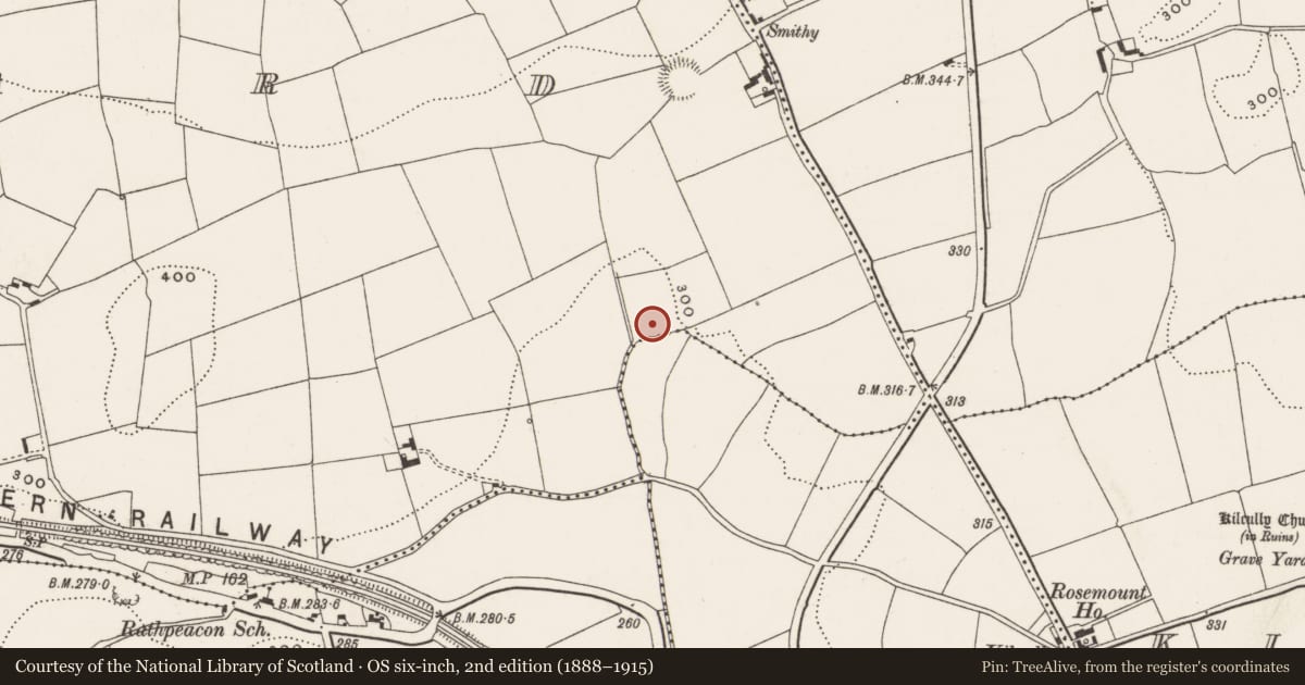 Ordnance Survey six-inch map, 2nd edition (1888–1915) covering the location of Fulacht fia, Monard, County Cork, with a pin at the register's coordinates