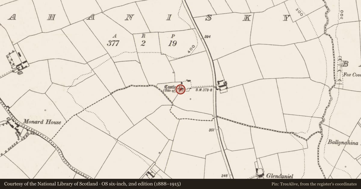 Ordnance Survey six-inch map, 2nd edition (1888–1915) covering the location of Castle - unclassified, Rahanisky, County Cork, with a pin at the register's coordinates